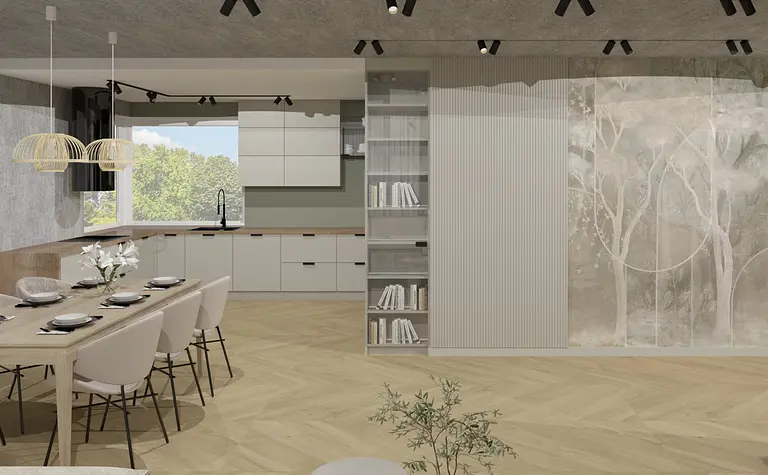 Wnętrze kuchni w stylu japandi, minimalistycznym, nowoczesnym, soft minimalizm z drewnianym blatem.
