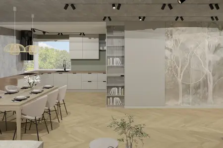 Wnętrze kuchni w stylu japandi, minimalistycznym, nowoczesnym, soft minimalizm z drewnianym blatem.