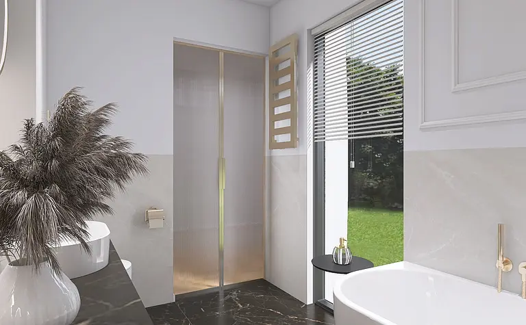 Wnętrze łazienki w stylu minimaluxe z białą wanną i ceramicznymi akcentami