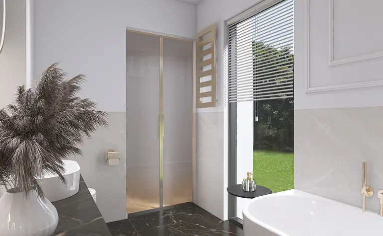 Wnętrze łazienki w stylu minimaluxe z białą wanną i ceramicznymi akcentami