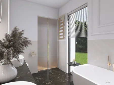Wnętrze łazienki w stylu minimaluxe z białą wanną i ceramicznymi akcentami