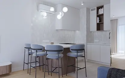Nowoczesna kuchnia z jasnymi meblami i drewnianym blatem, styl minimalistyczny.