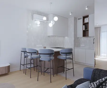 Nowoczesna kuchnia z jasnymi meblami i drewnianym blatem, styl minimalistyczny.