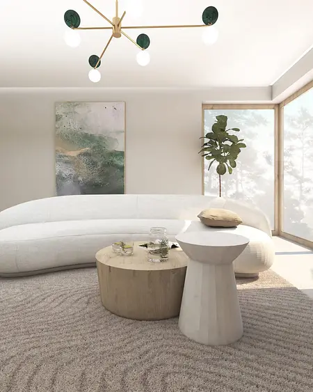 Wnętrze salonu w stylu japandi z minimalistycznymi meblami i nowoczesnym oświetleniem.