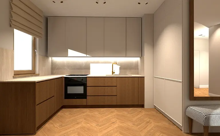 Współczesna kuchnia z brązowymi meblami i białym blatem, idealna dla nowoczesnego wnętrza.