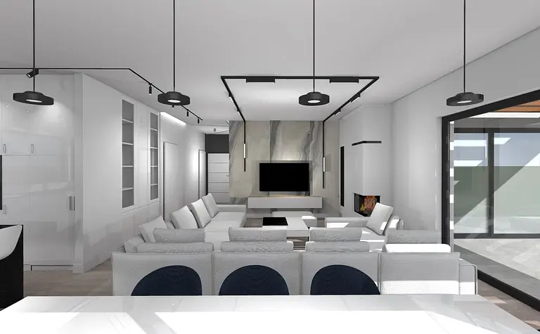 Salon z białymi meblami, kominkiem i dużymi oknami. Styl: dopamine decor, industrialny, japandi, minimalistyczny, minimaluxe, nowoczesny, skandynawski, soft minimalizm, współczesny.
