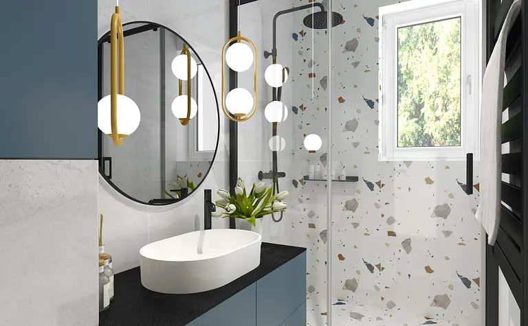 Wnętrze łazienki z umywalką, lustrem i dekoracją dopamine decor.