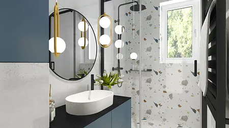 Wnętrze łazienki z umywalką, lustrem i dekoracją dopamine decor.