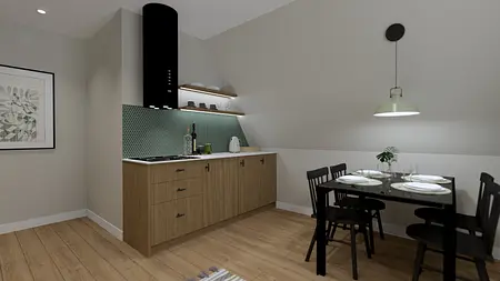 Kuchnia w stylu minimalistycznym z drewnianymi meblami i zielonymi płytkami