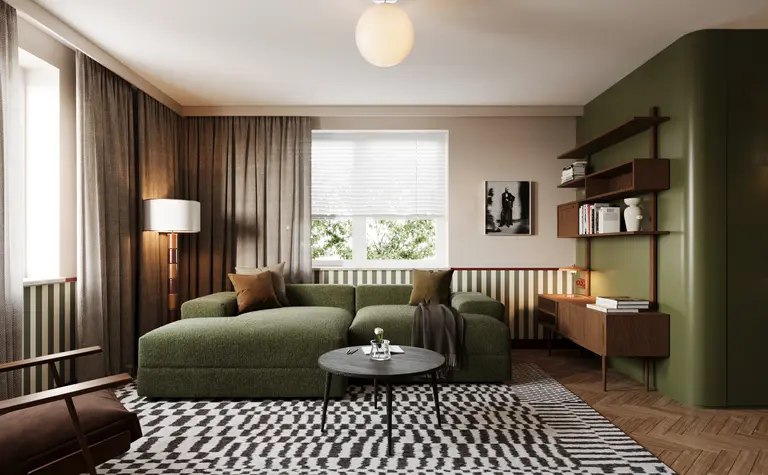 Wnętrze salonu w stylu eklektycznym i vintage z zieloną sofą oraz drewnianymi akcentami.