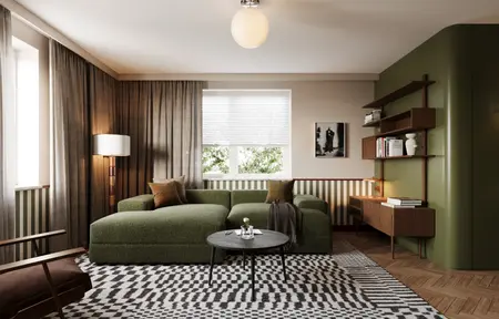 Wnętrze salonu w stylu eklektycznym i vintage z zieloną sofą oraz drewnianymi akcentami.