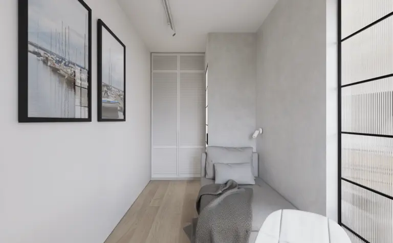 Wnętrze w stylu japandi, minimalistycznym, nowoczesnym z szarymi ścianami i jasnym drewnem.