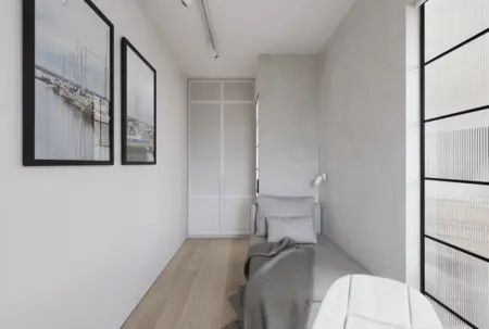 Wnętrze w stylu japandi, minimalistycznym, nowoczesnym z szarymi ścianami i jasnym drewnem.