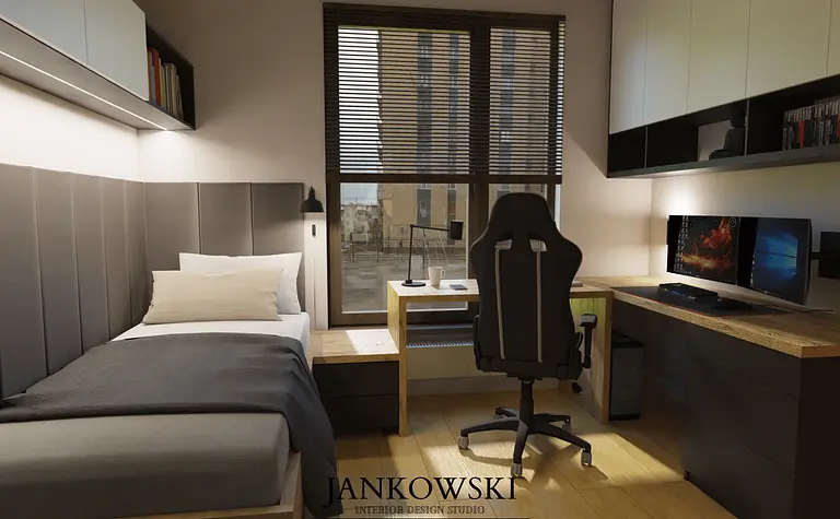 Wnętrze pokoju z biurkiem, łóżkiem i oknem, styl industrialny, minimalistyczny, rustykalny, skandynawski.