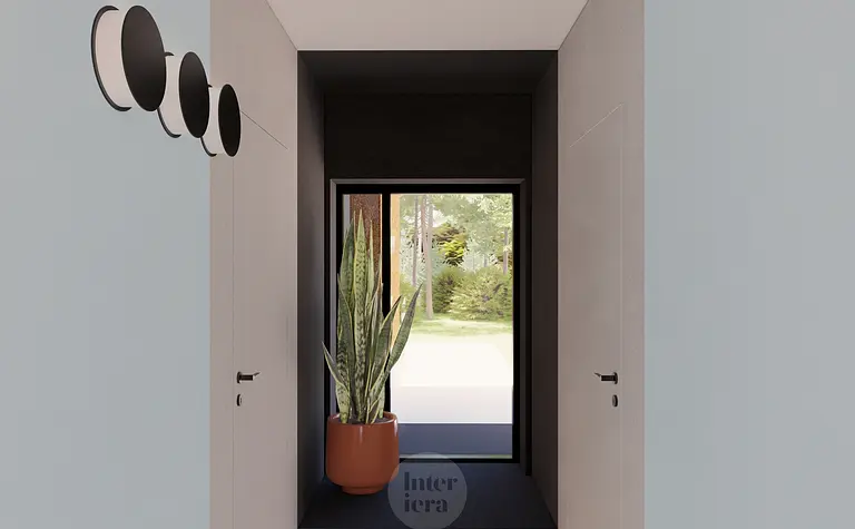 Przedpokój w stylu eklektycznym z rośliną i minimalistycznym oświetleniem