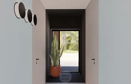 Przedpokój w stylu eklektycznym z rośliną i minimalistycznym oświetleniem