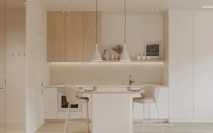 Nowoczesna kuchnia w stylu eklektycznym z drewnianymi meblami, minimalistycznymi dodatkami.