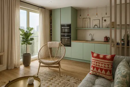 Kuchnia w stylu boho z zielonymi meblami, drewnianą podłogą i roślinami dekoracyjnymi.