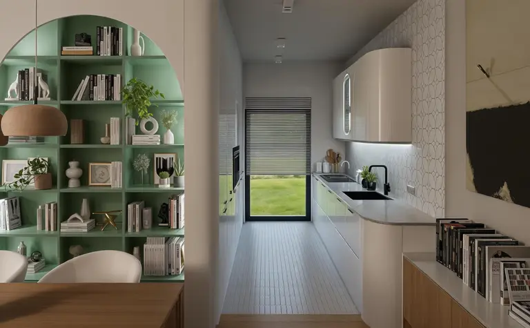 Wnętrze kuchni z minimalistycznym designem, eklektycznymi akcentami i nowoczesnymi meblami.