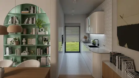Wnętrze kuchni z minimalistycznym designem, eklektycznymi akcentami i nowoczesnymi meblami.