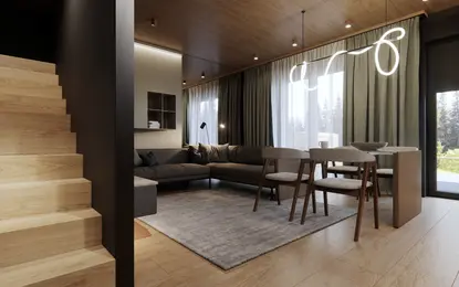 Wnętrze salonu w stylu eklektycznym z minimalistycznymi akcentami, industrialne oświetlenie