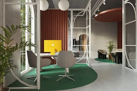 Biuro z żółtym monitorem, szarymi krzesłami i roślinami w stylu dopamine decor, minimalistycznym i współczesnym.