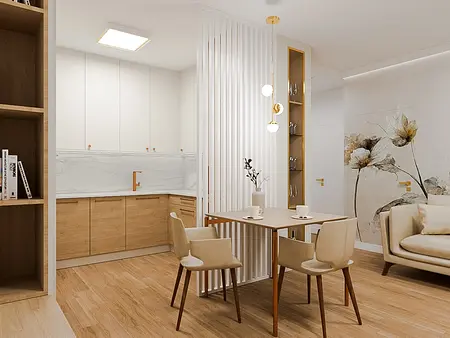 Wnętrze kuchni w stylu quiet luxury z drewnianymi meblami i jasnymi akcentami.