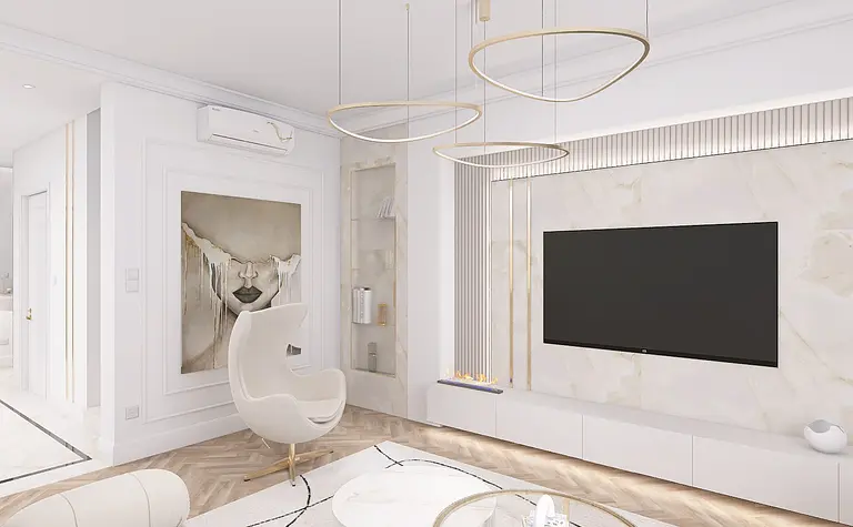 Wnętrze salonu w stylu minimaluxe z białymi meblami i złotymi detalami
