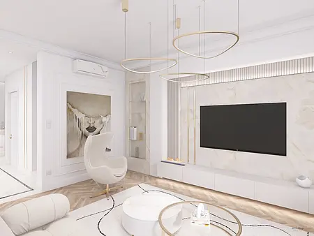 Wnętrze salonu w stylu minimaluxe z białymi meblami i złotymi detalami