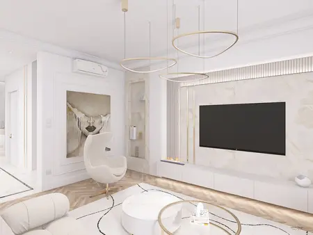 Wnętrze salonu w stylu minimaluxe z białymi meblami i złotymi detalami