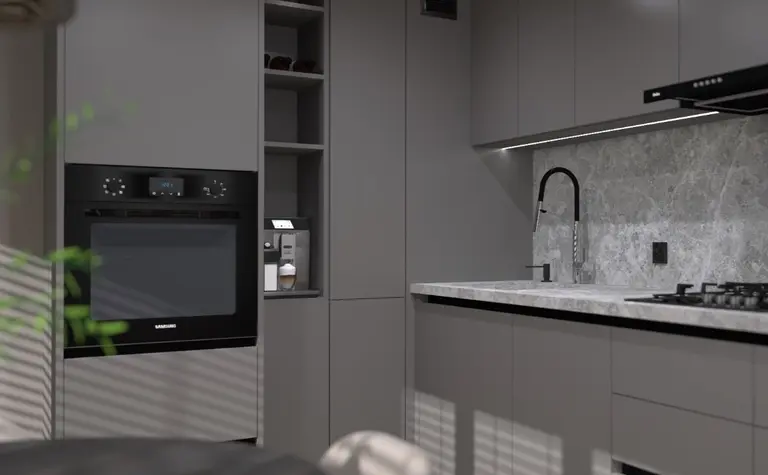 Minimalistyczna kuchnia z szarymi meblami i białym blatem, nowoczesny design.