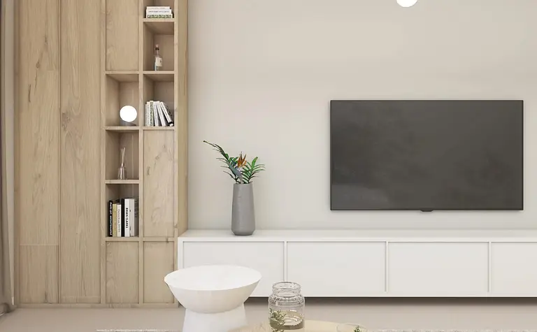 Wnętrze salonu w stylu japandi, minimalistycznym i nowoczesnym z drewnianymi akcentami.