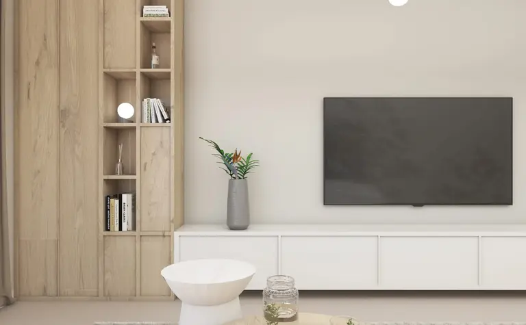 Wnętrze salonu w stylu japandi, minimalistycznym i nowoczesnym z drewnianymi akcentami.