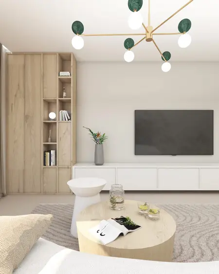 Wnętrze salonu w stylu japandi, minimalistycznym i nowoczesnym z drewnianymi akcentami.