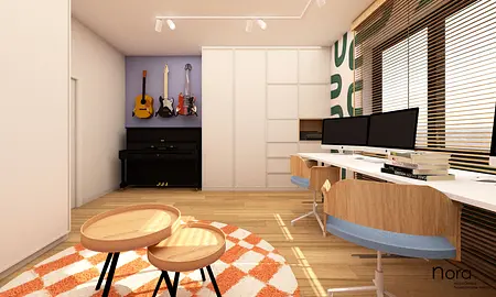 Wnętrze pokoju z biurkiem, instrumentami muzycznymi i jasnymi kolorami, styl industrialny, minimalistyczny, nowoczesny.