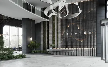 Nowoczesne lobby z roślinami, oświetleniem i betonowymi elementami w stylu minimalistycznym.