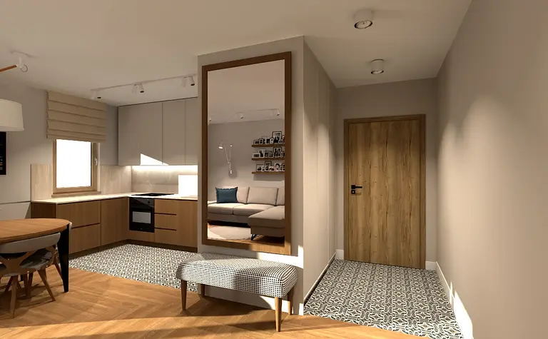 Współczesne wnętrze kuchni z brązowymi meblami i nowoczesnym oświetleniem.