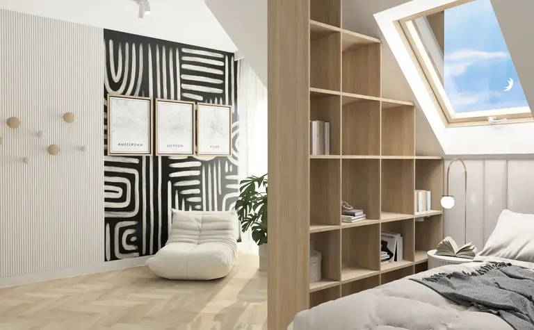 Wnętrze poddasza w stylu soft minimalizm z tradycyjnymi i współczesnymi akcentami.
