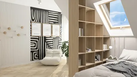 Wnętrze poddasza w stylu soft minimalizm z tradycyjnymi i współczesnymi akcentami.
