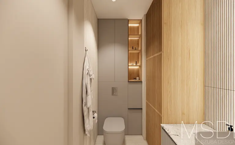 Nowoczesna łazienka w stylu boho i skandynawskim z drewnem i minimalistycznymi detalami.