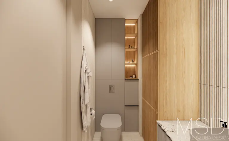 Nowoczesna łazienka w stylu boho i skandynawskim z drewnem i minimalistycznymi detalami.