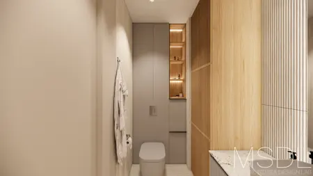 Nowoczesna łazienka w stylu boho i skandynawskim z drewnem i minimalistycznymi detalami.