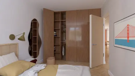 Wnętrze sypialni z drewnianą szafą, lustrem i jasnymi akcentami, styl dopamine decor, eklektyczny, współczesny.