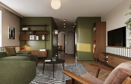 Wnętrze salonu w stylu eklektycznym z vintage meblami i zielonymi akcentami.