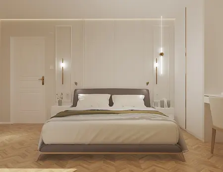 Wnętrze sypialni w stylu art deco, glamour, nowoczesnym z szarym łóżkiem.