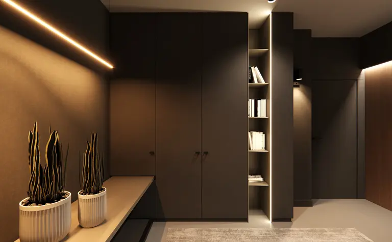 Eklektyczne, minimalistyczne wnętrze z roślinami i drewnianymi akcentami.