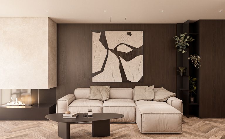 Wnętrze salonu w stylu eklektycznym z beżową sofą, drewnianym stołem i nowoczesnym obrazem.