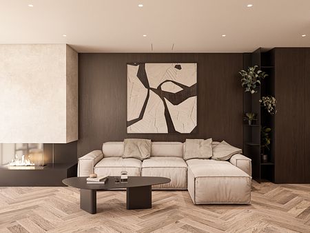 Wnętrze salonu w stylu eklektycznym z beżową sofą, drewnianym stołem i nowoczesnym obrazem.