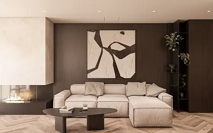 Wnętrze salonu w stylu eklektycznym z beżową sofą, drewnianym stołem i nowoczesnym obrazem.