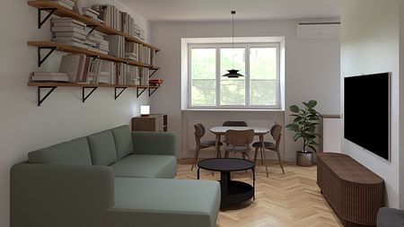 Wnętrze salonu w stylu dopamine decor, eklektycznym, japandi i nowoczesnym.